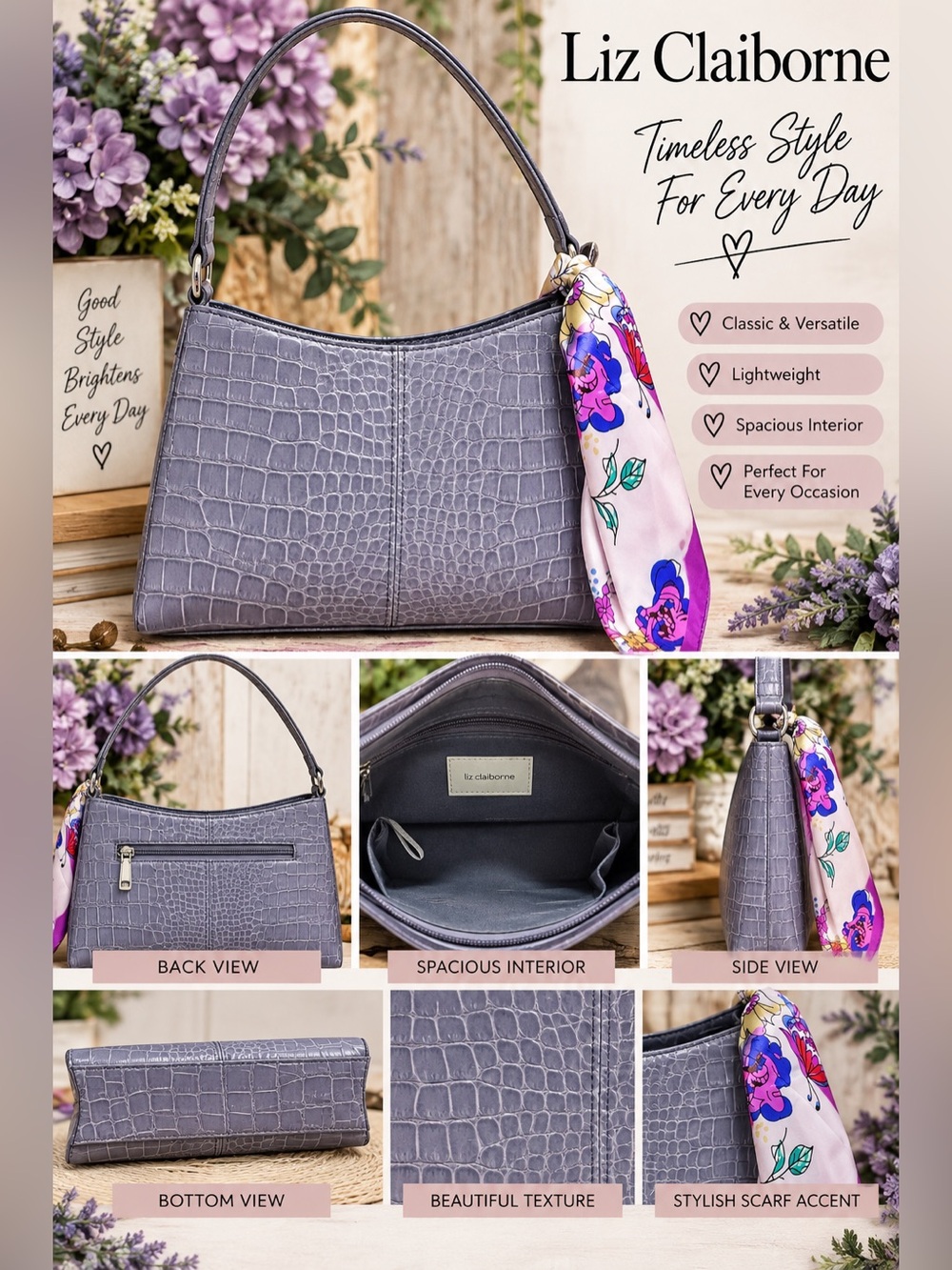 Liz Claiborne Lavender Croc-Embossed Shoulder Bag with Floral Scarf